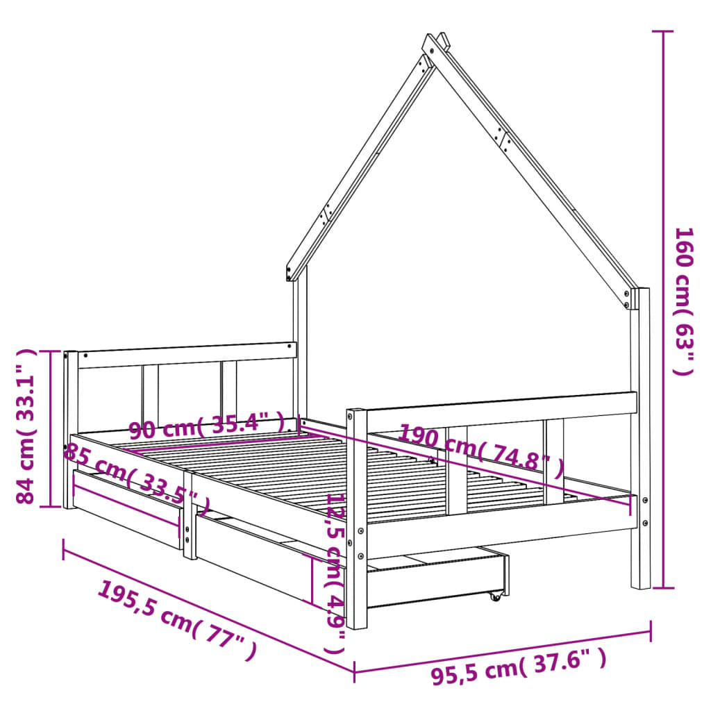 Giroletto per Bambini con Cassetti 90x190cm Legno Massello Pino - homemem39