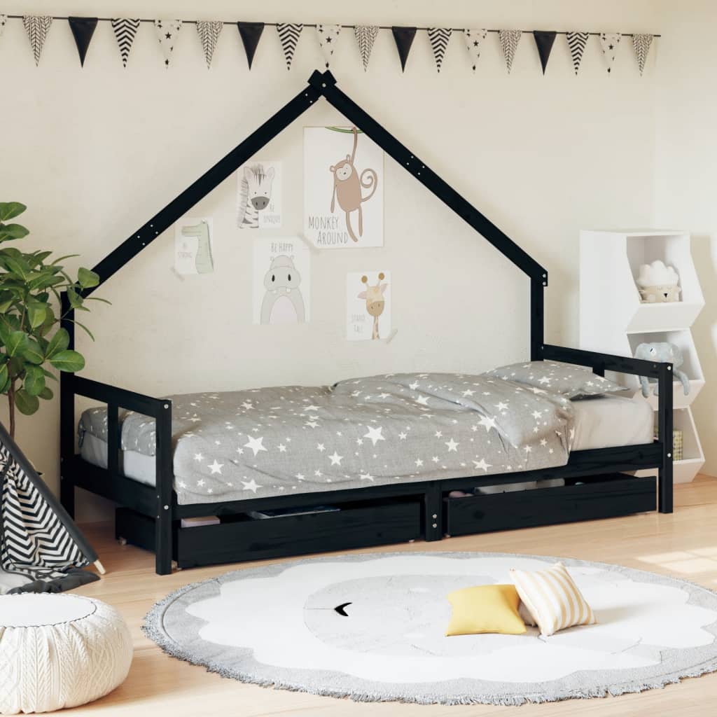 Giroletto Bambini con Cassetti Nero 80x200cm Massello di Pino - homemem39