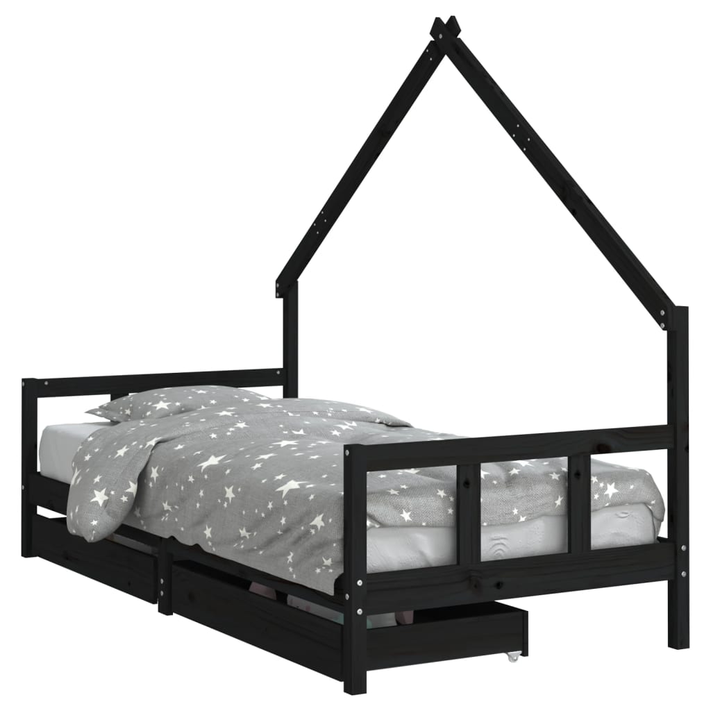 Giroletto Bambini con Cassetti Nero 90x200cm Massello di Pino - homemem39