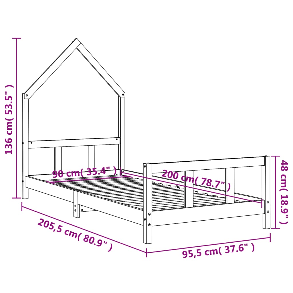 Giroletto per Bambini Nero 90x200 cm in Legno Massello di Pino - homemem39