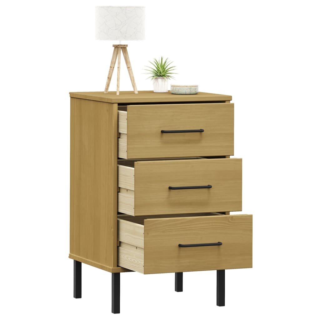 Comodino con Gambe in Metallo Marrone Legno Massello Pino OSLO - homemem39