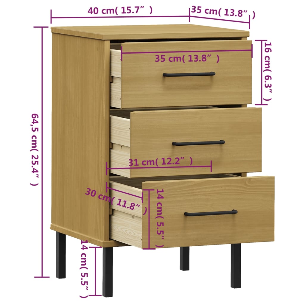 Comodino con Gambe in Metallo Marrone Legno Massello Pino OSLO - homemem39