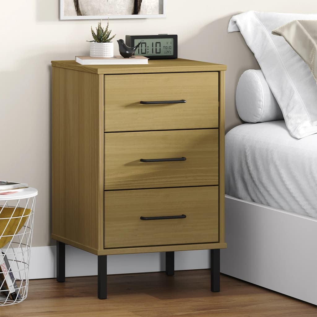 Comodino con Gambe in Metallo Marrone Legno Massello Pino OSLO - homemem39