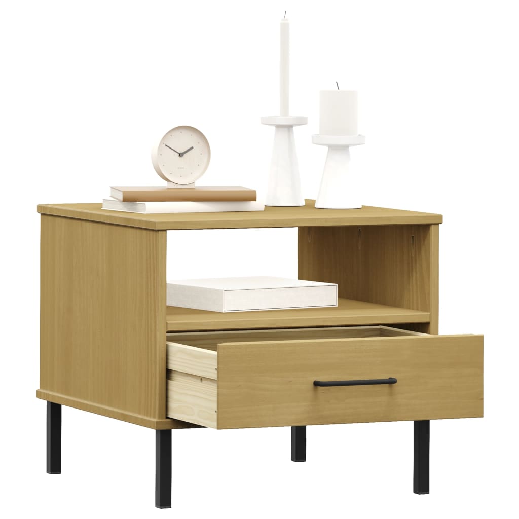 Comodino con Gambe in Metallo Marrone Legno Massello Pino OSLO - homemem39