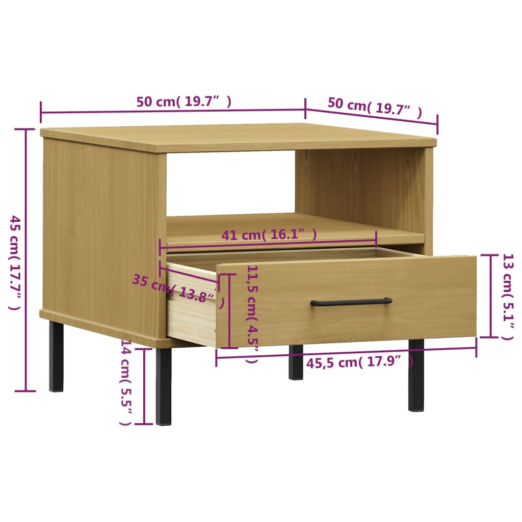 Comodino con Gambe in Metallo Marrone Legno Massello Pino OSLO - homemem39