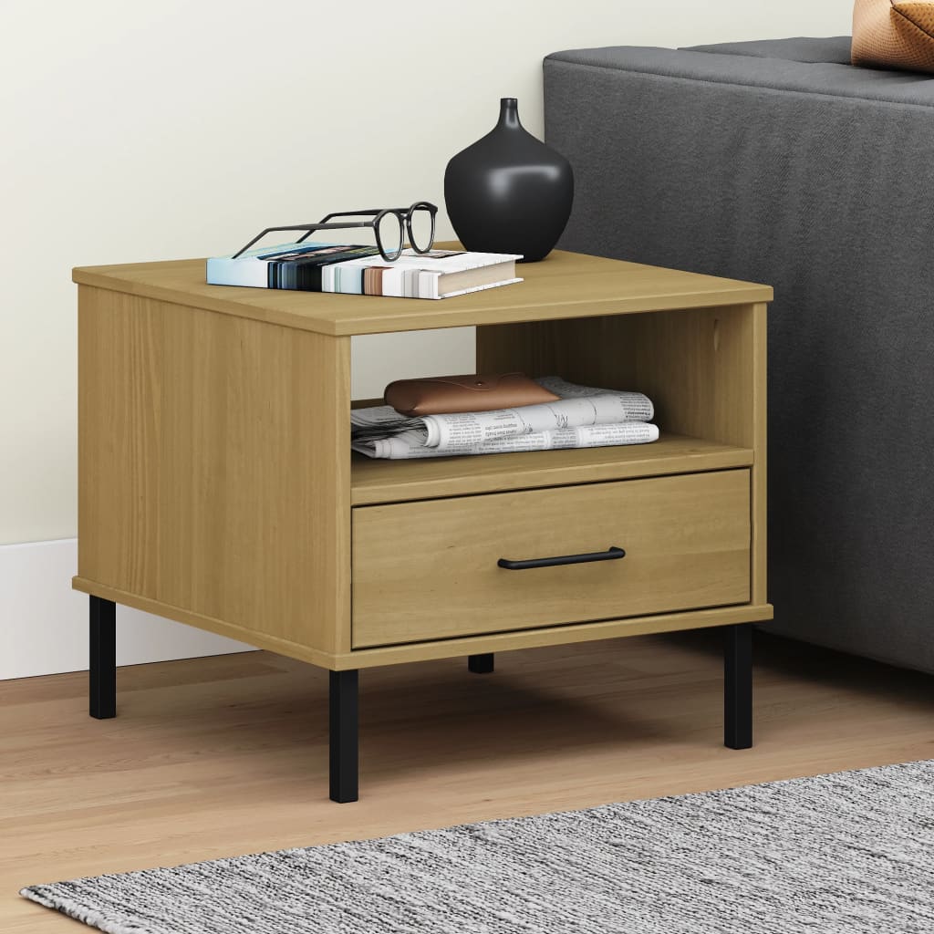 Comodino con Gambe in Metallo Marrone Legno Massello Pino OSLO - homemem39