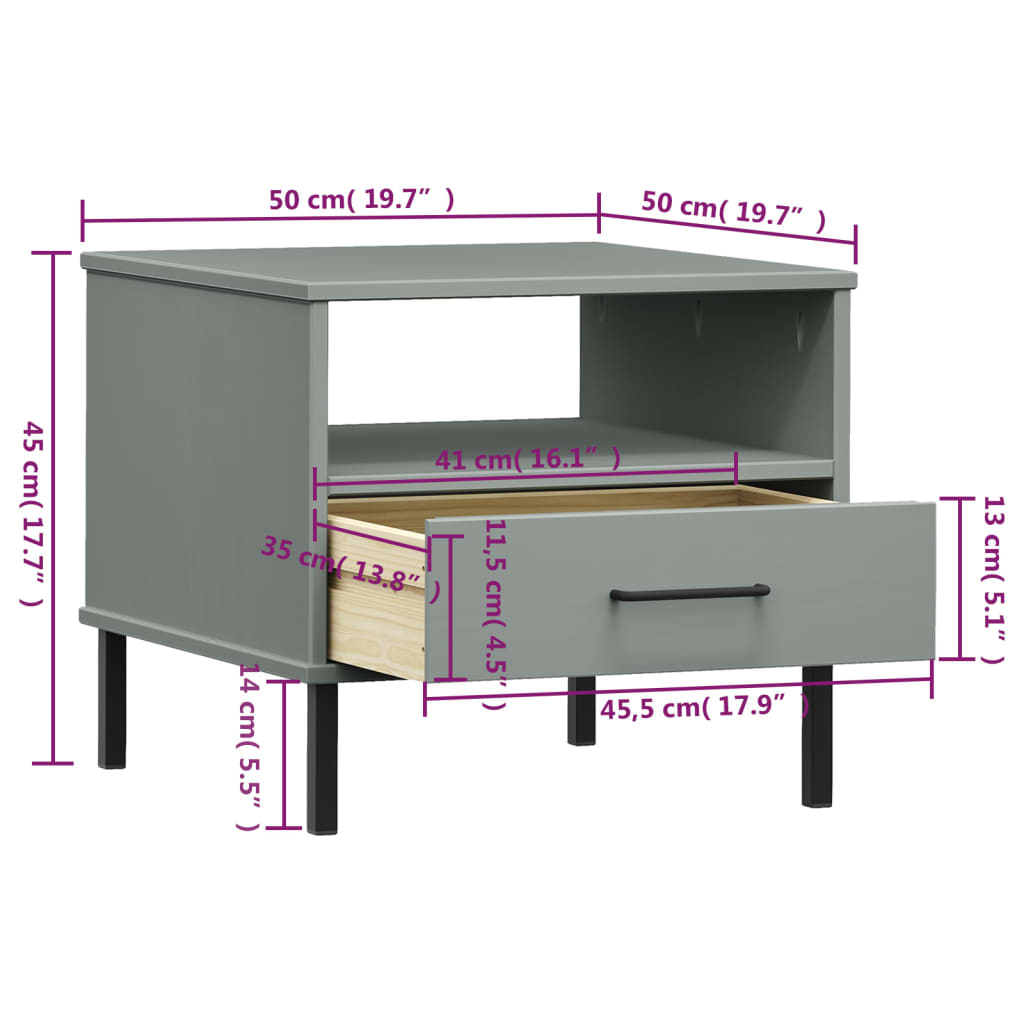 Comodino con Gambe in Metallo Grigio Legno Massello Pino OSLO | homemem39
