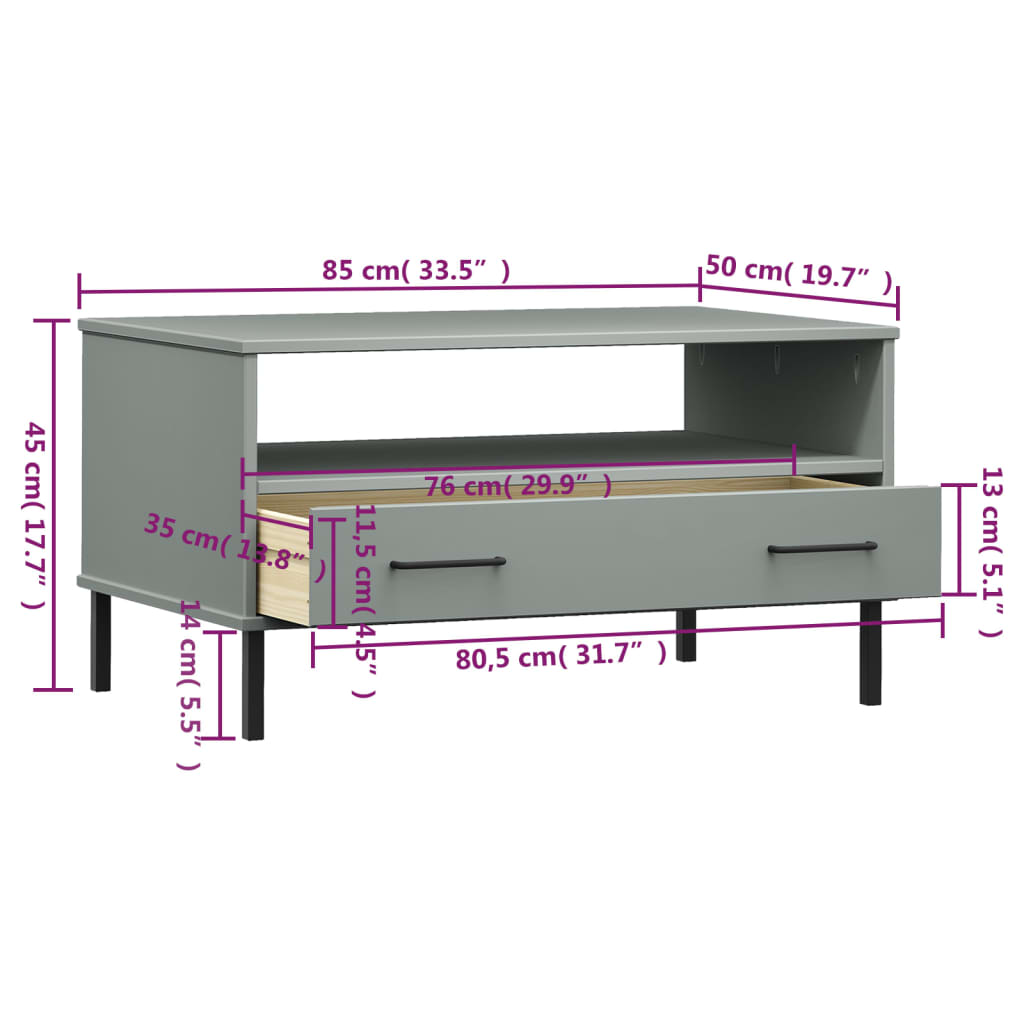 Tavolino Gambe Metallo Grigio 85x50x45 cm Legno Massello OSLO | homemem39