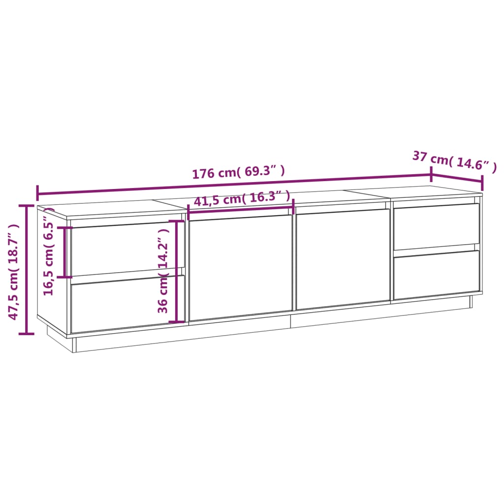 Mobile Porta TV Bianco 176x37x47,5 cm in Legno Massello di Pino | homemem39