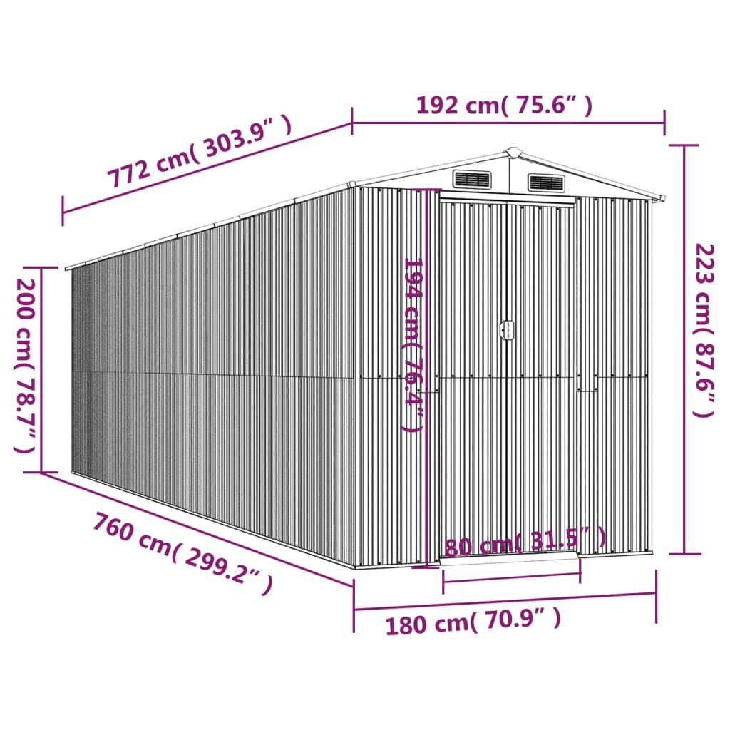 Capanno da Giardino Antracite 192x772x223 cm in Acciaio Zincato - homemem39