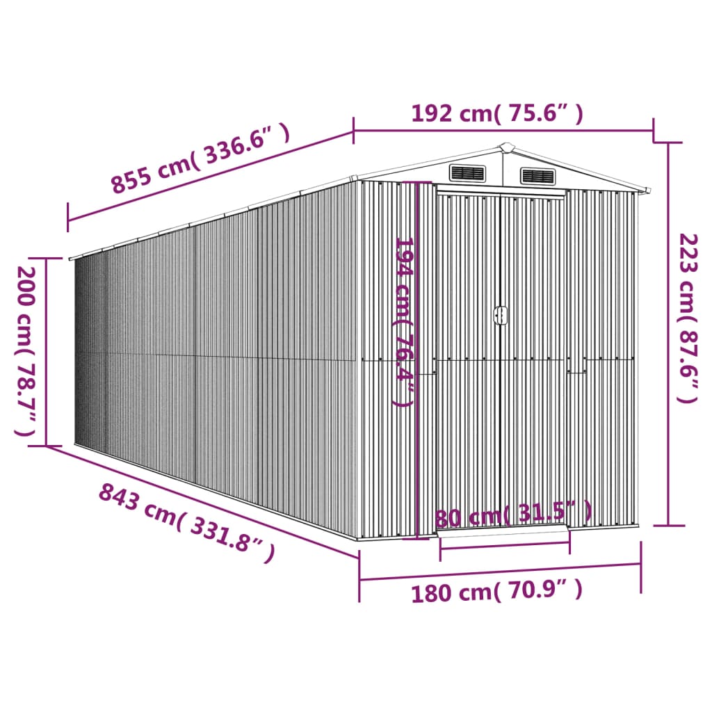 Capanno da Giardino Antracite 192x855x223 cm in Acciaio Zincato - homemem39