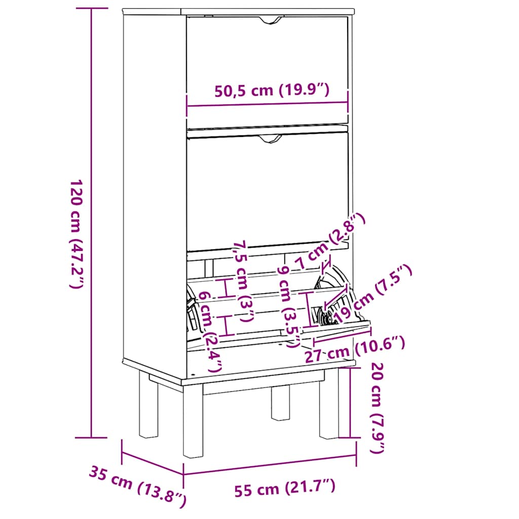 Scarpiera OTTA con 3 Cassetti Marrone e Bianco in Legno di Pino - homemem39