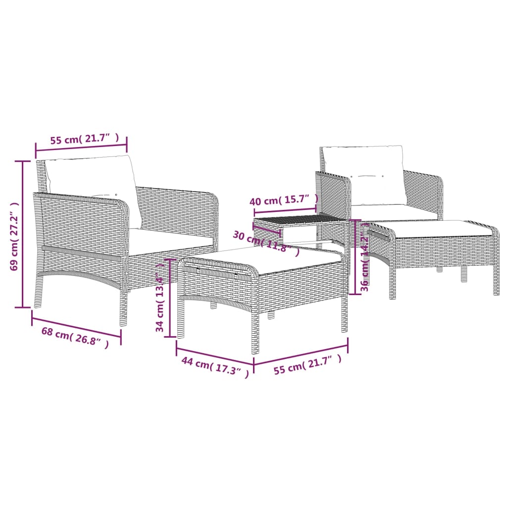 Set Divani da Giardino 5 pz con Cuscini Nero in Polyrattan | homemem39