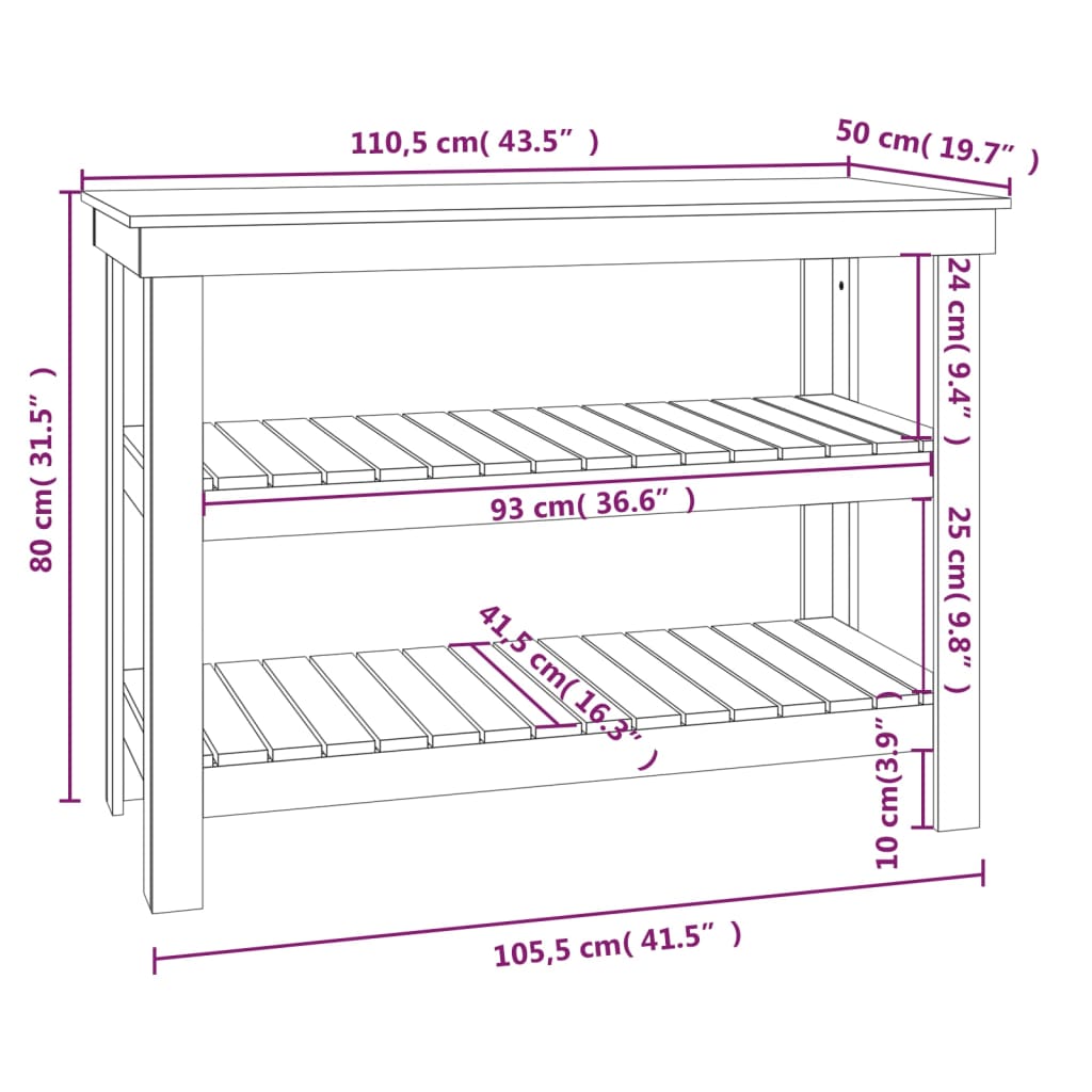 Banco da Lavoro Nero 110,5x50x80 cm in Legno Massello di Pino - homemem39