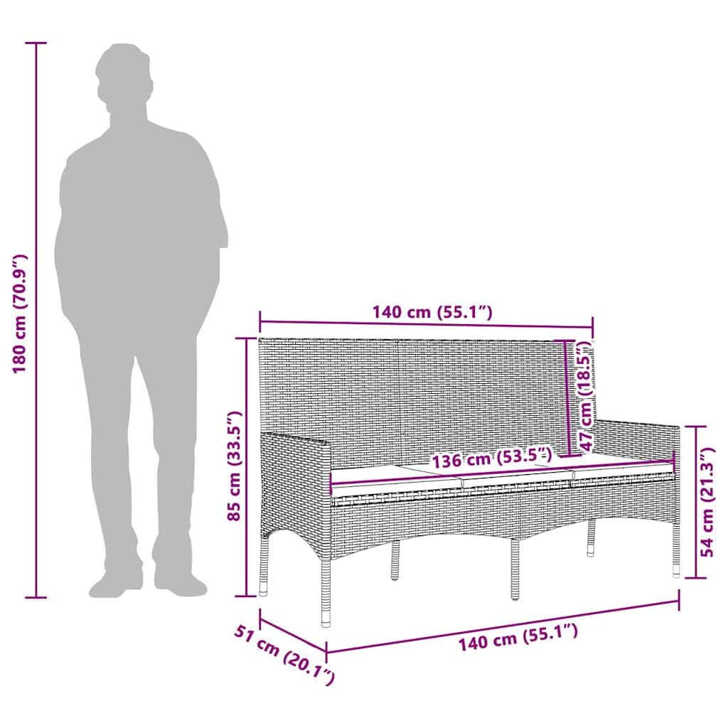 Panca da Giardino a 3 Posti con Cuscini in Polyrattan Grigio - homemem39