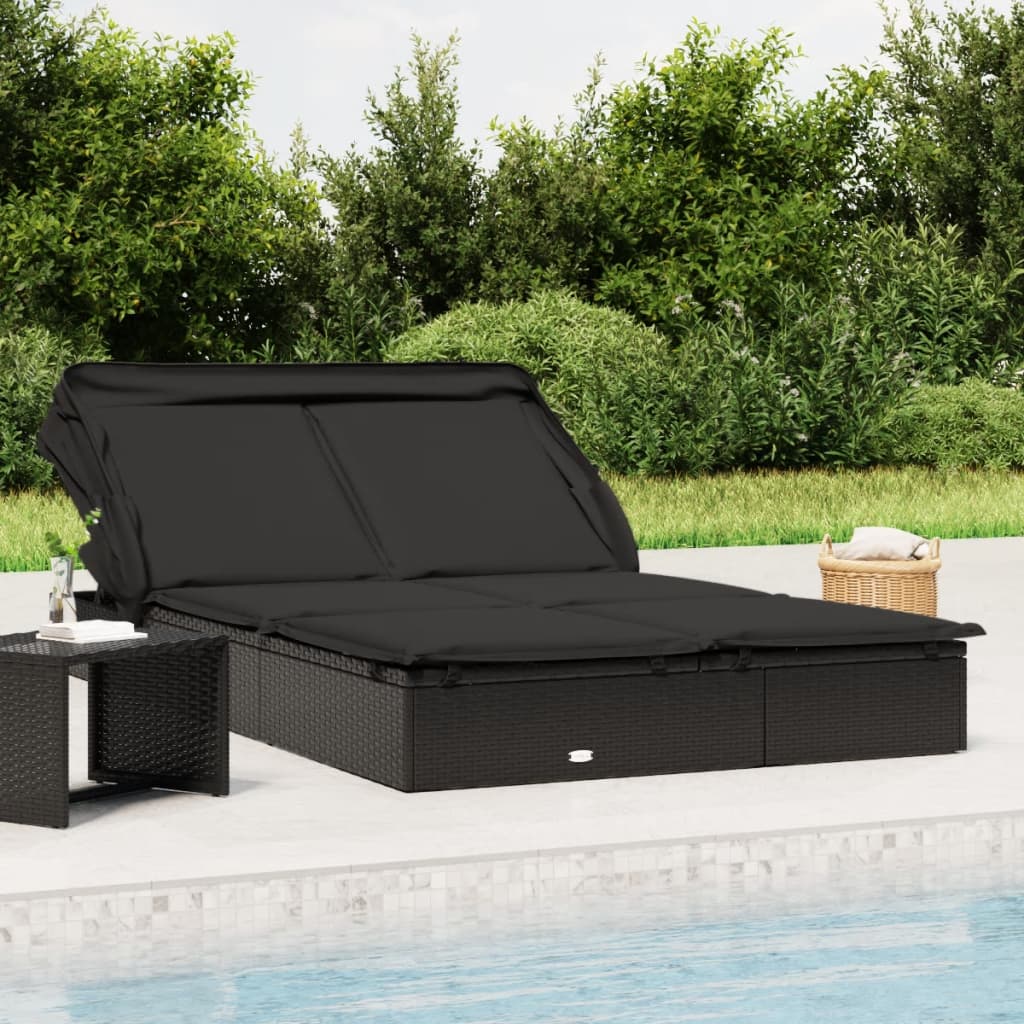 Lettino Doppio Tetto Pieghevole Nero 213x118x97 cm Polyrattan - homemem39
