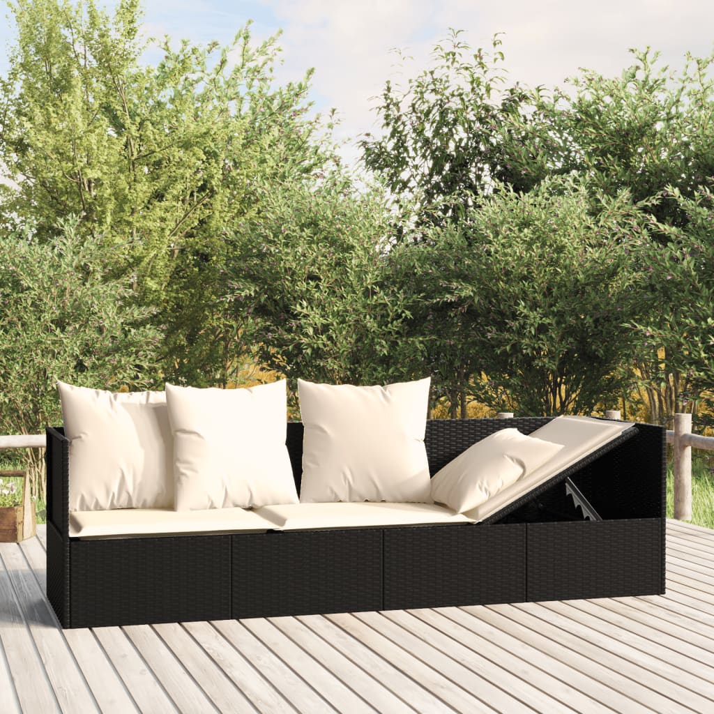 Lettino Prendisole da Esterno con Cuscini Nero in Polyrattan - homemem39