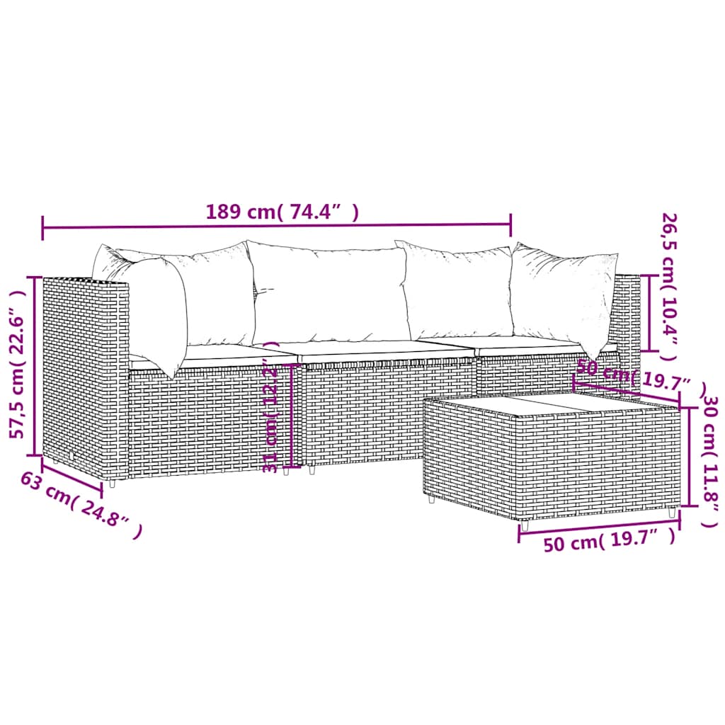 Set Divani da Giardino 4 pz con Cuscini in Polyrattan Grigio - homemem39