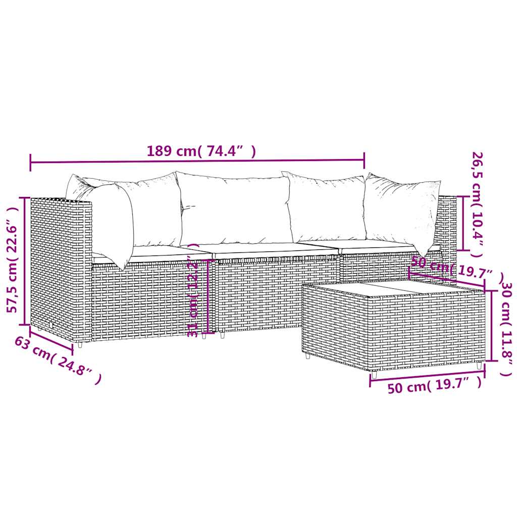 Set Divani da Giardino 4 pz con Cuscini Nero in Polyrattan | homemem39