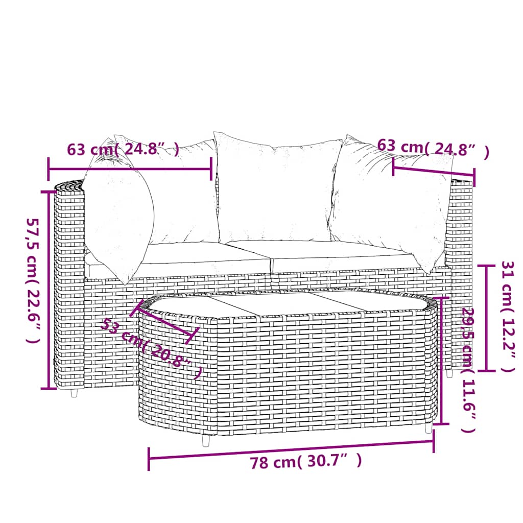 Set Mobili da Giardino 3 pz con Cuscini in Polyrattan Marrone | homemem39