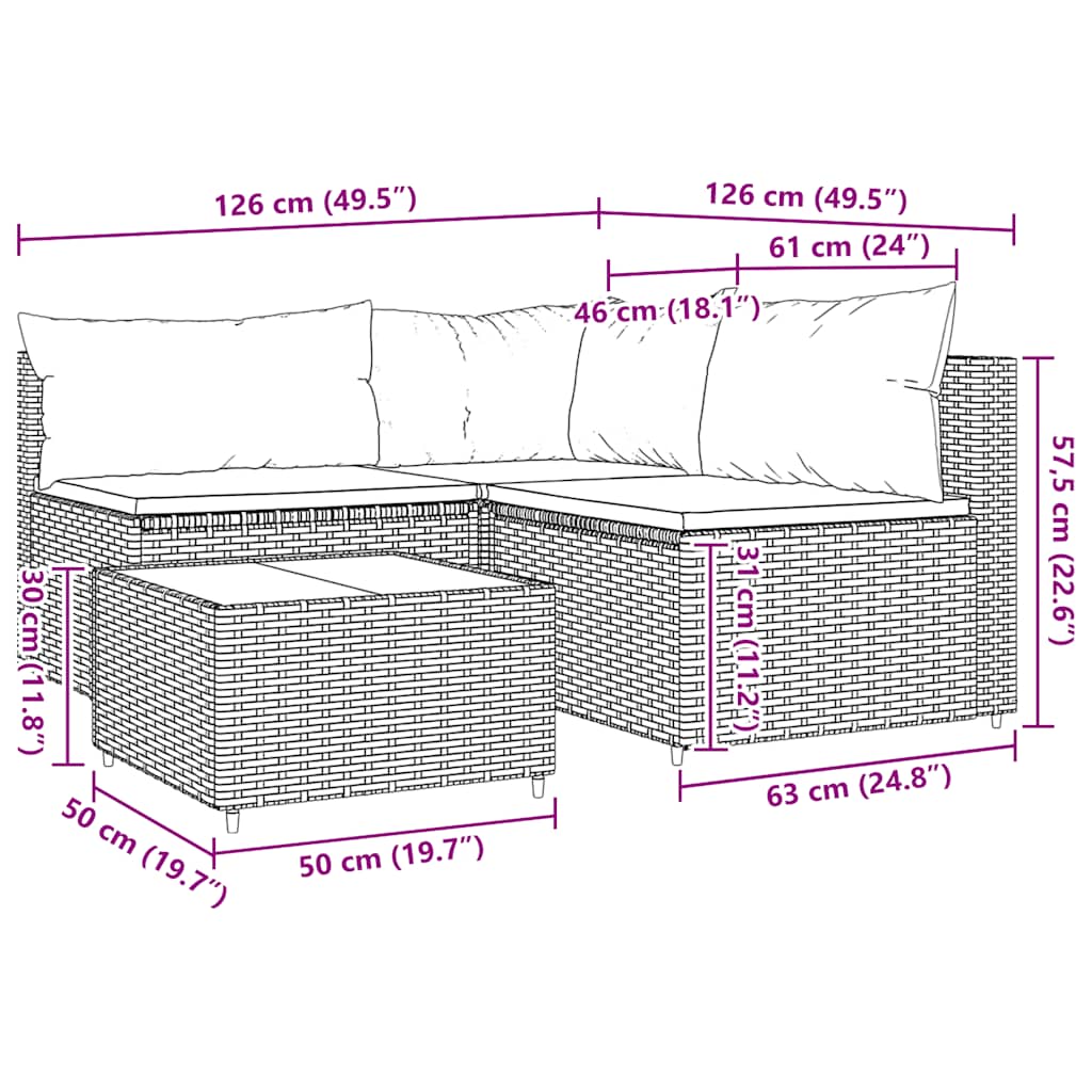 Set Divani da Giardino 4 pz con Cuscini in Polyrattan Grigio | homemem39