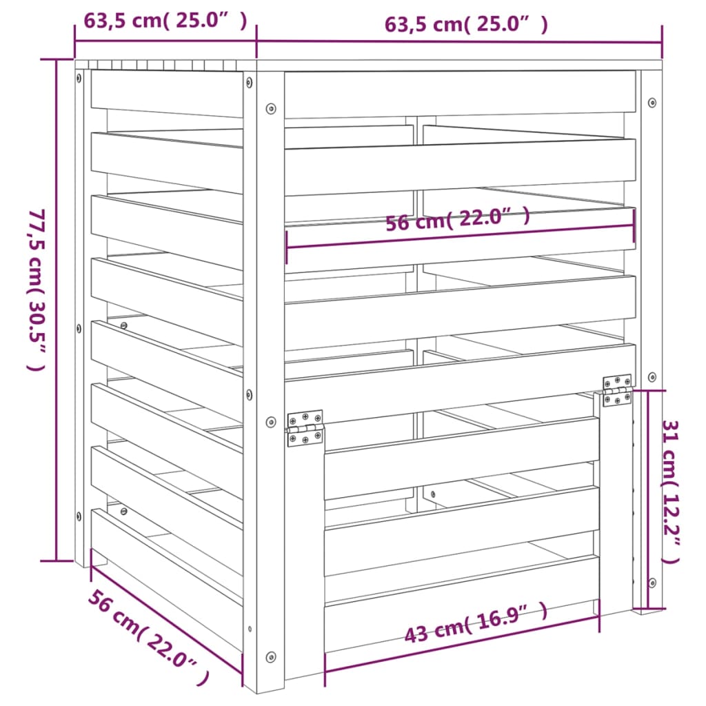 Compostiera Nera 63,5x63,5x77,5 cm in Legno Massello di Pino - homemem39