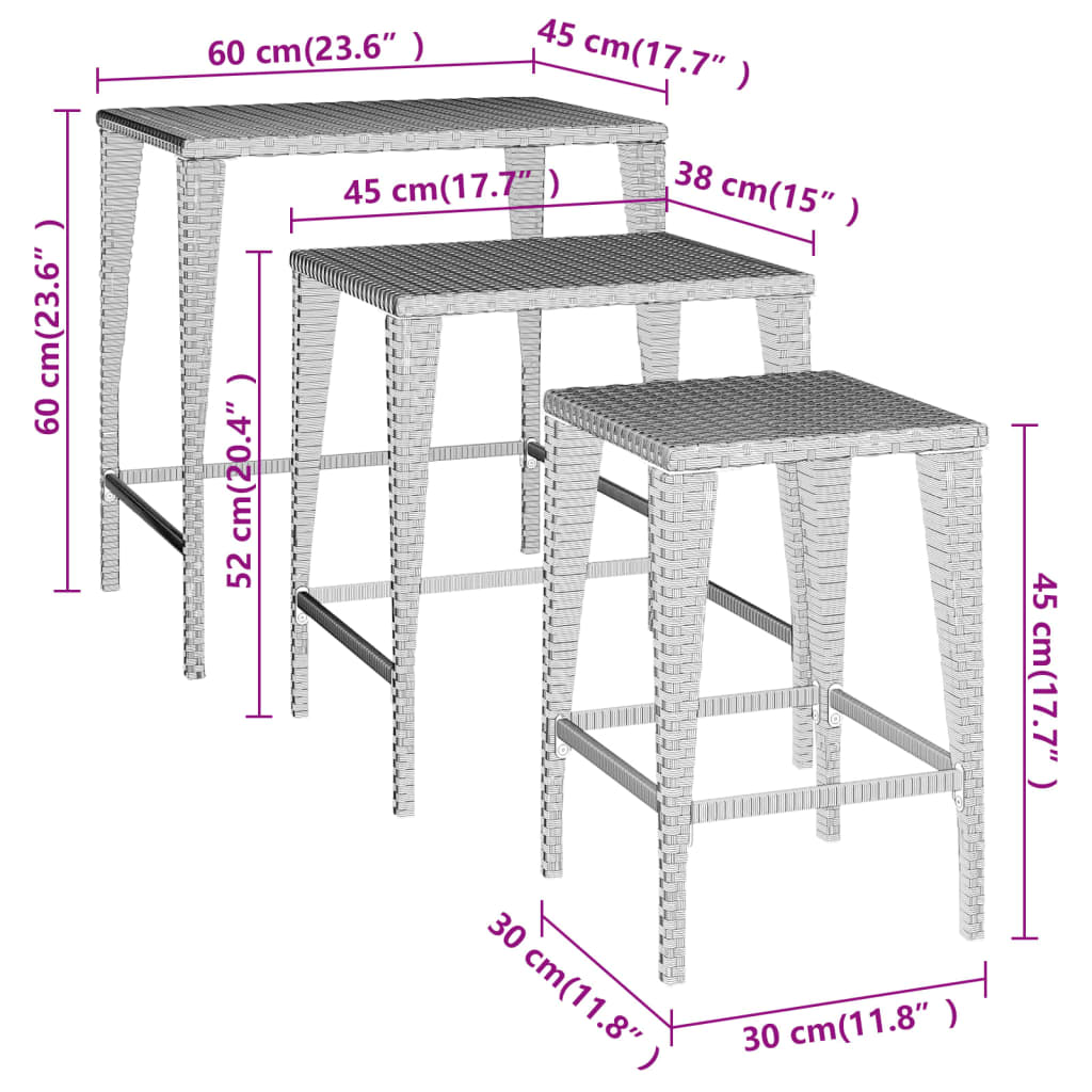Tavolini Impilabili 3 pz Neri in Polyrattan - homemem39