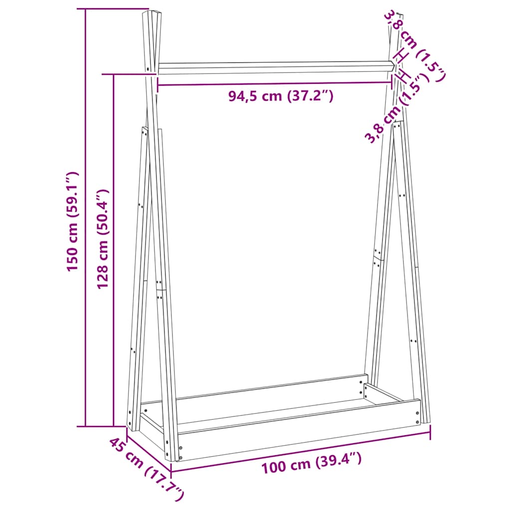 Appendiabiti Bianco 100x45x150 cm in Legno Massello di Pino - homemem39