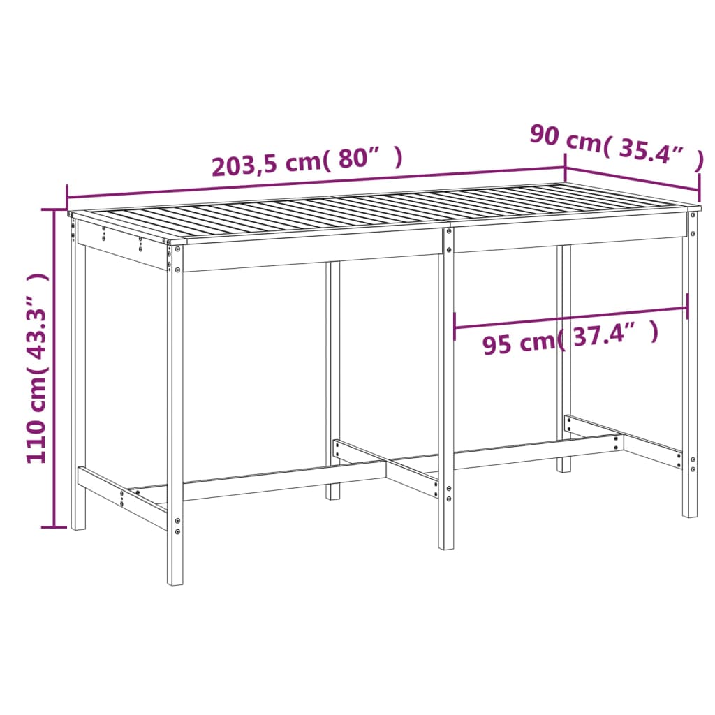 Tavolo da Giardino 203,5x90x110 cm in Legno Massello di Pino
