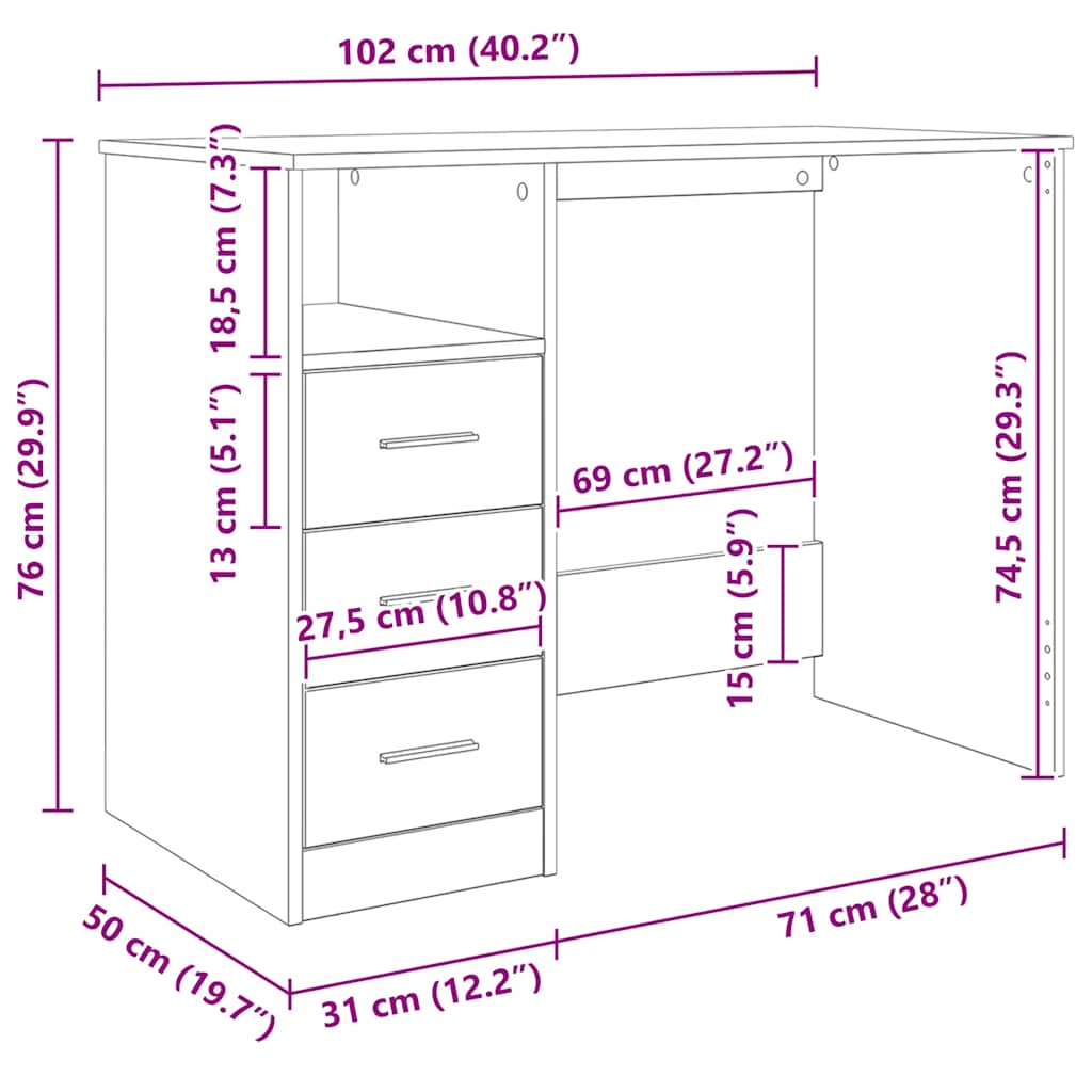 Scrivania Cassetti Rovere Sonoma 102x50x76 cm Legno Multistrato | homemem39
