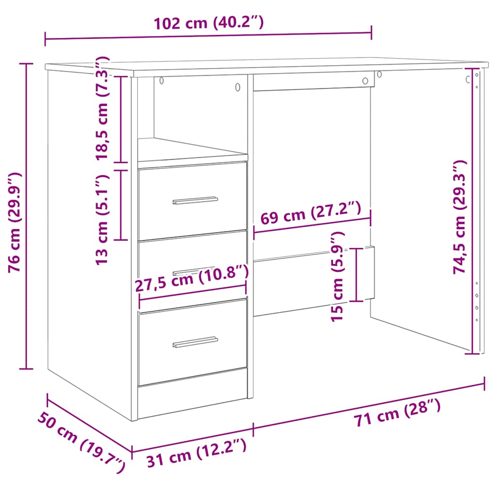 Scrivania Cassetti Grigio Cemento 102x50x76cm Legno Multistrato | homemem39