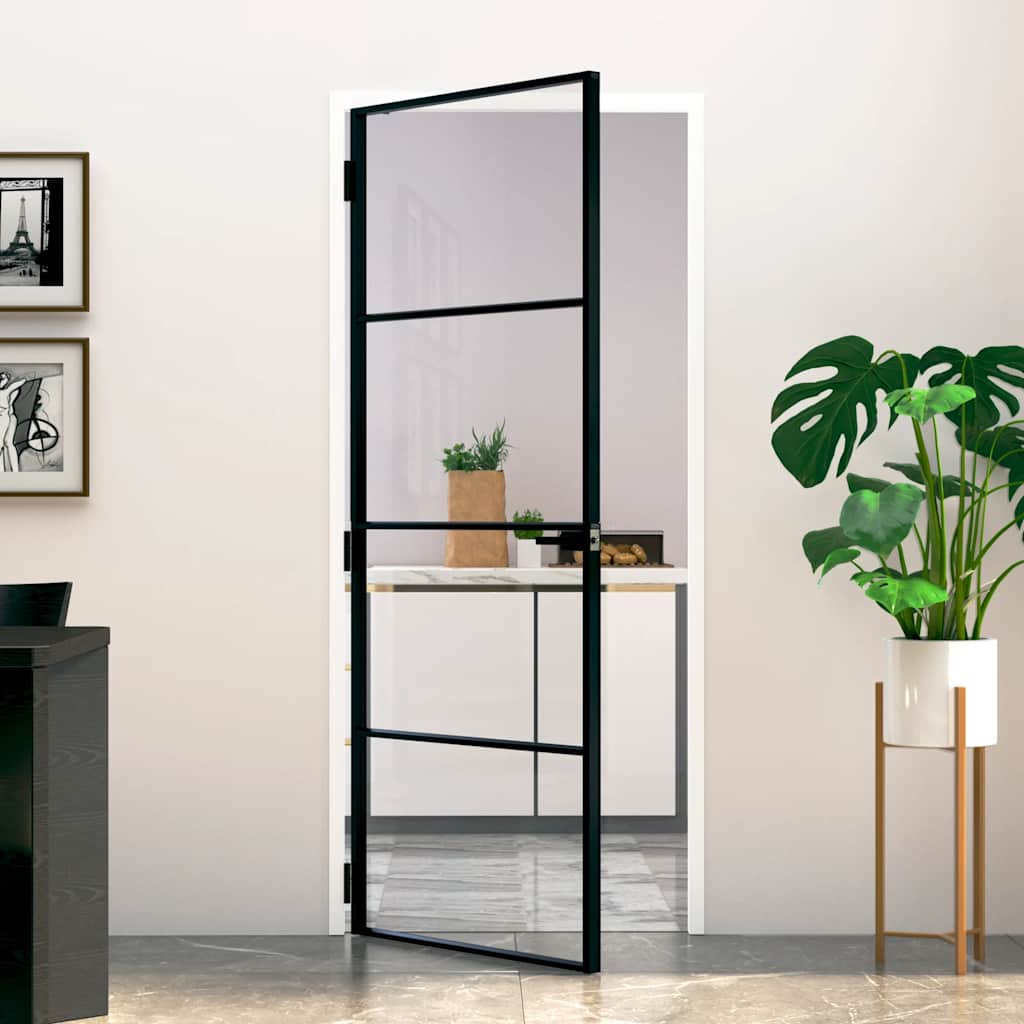 Porta Interna Nera 83x201,5cm Vetro Temperato Alluminio Sottile - homemem39
