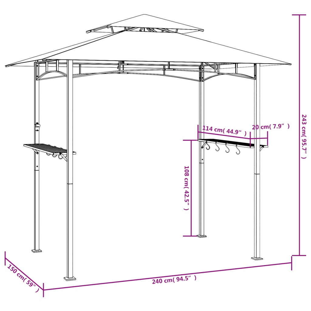Gazebo Barbecue Ripiani Laterali Antracite 240x150x243 Acciaio | homemem39