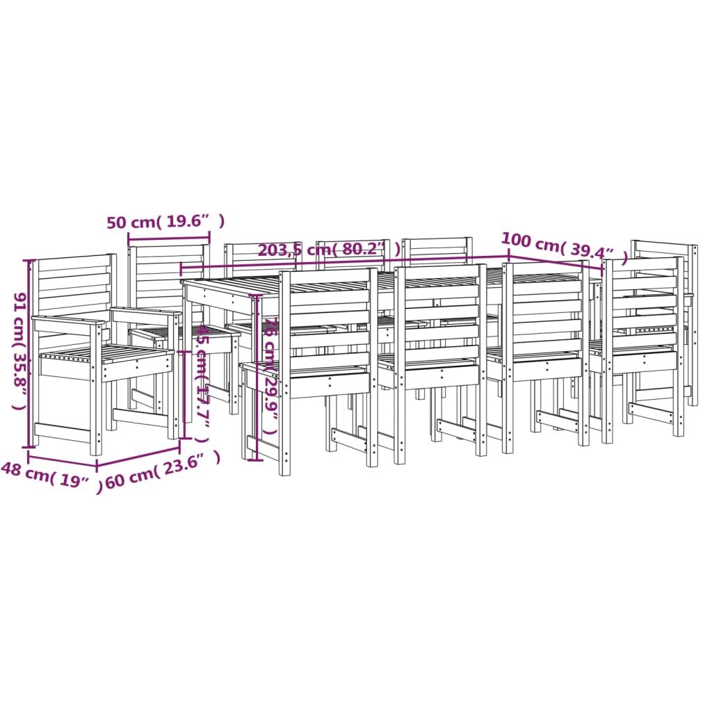 Set da Pranzo per Giardino 11pz Bianco Legno Massello di Pino