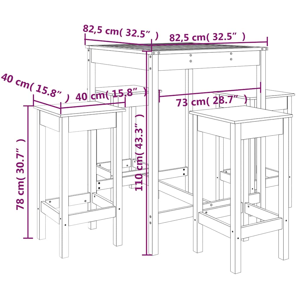 Set Bar da Giardino 5 pz Nero in Legno Massello di Pino | homemem39