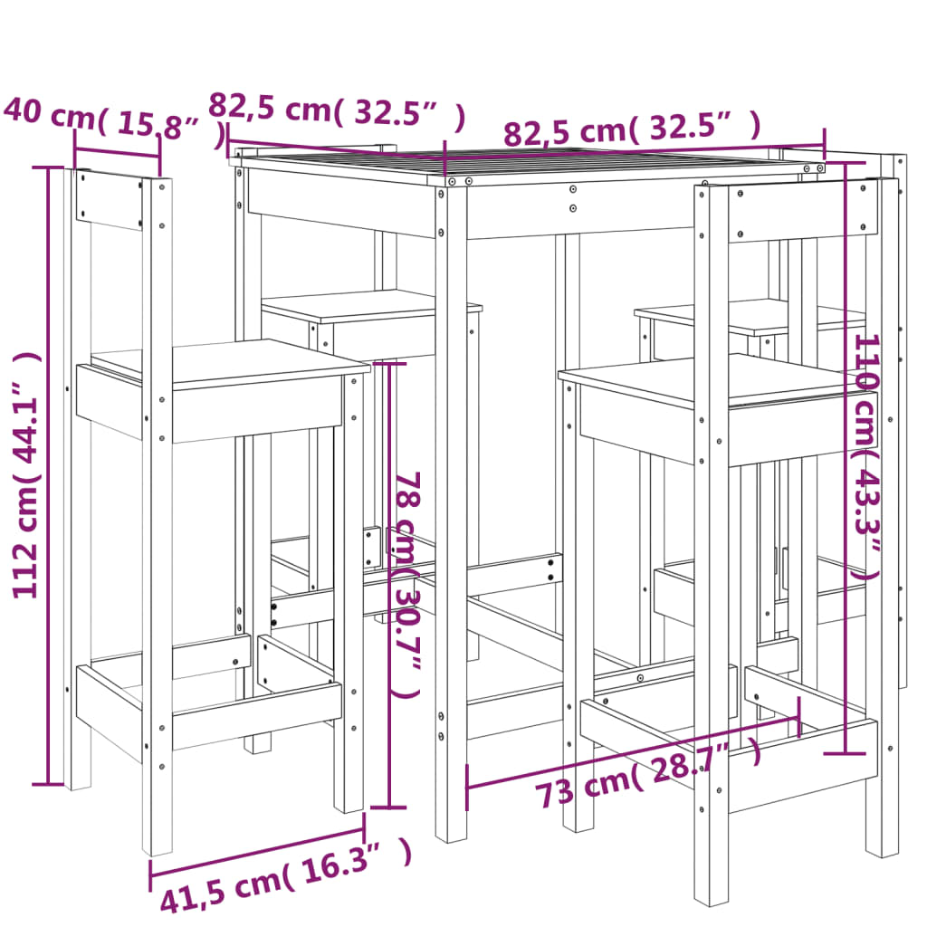 Set Bar da Giardino 5 pz Nero in Legno Massello di Pino | homemem39