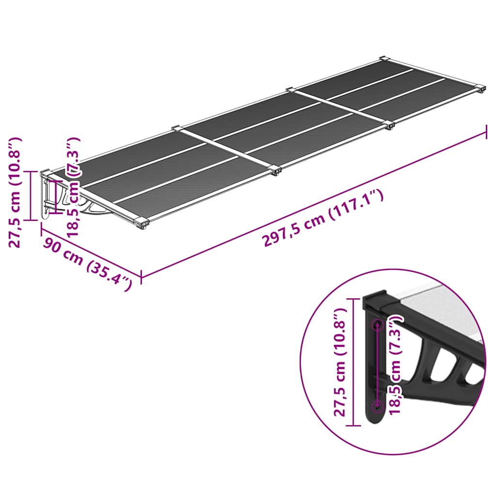 Tettoia per Porta Nero e Trasparente 297,5x90 cm Policarbonato