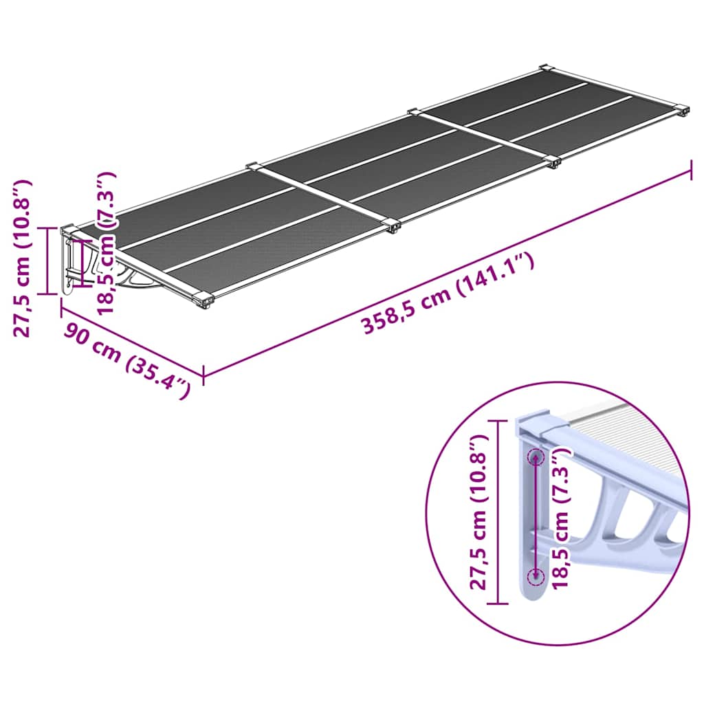 Tettoia per Porta Grigio e Trasparente 358,5x90cm Policarbonato