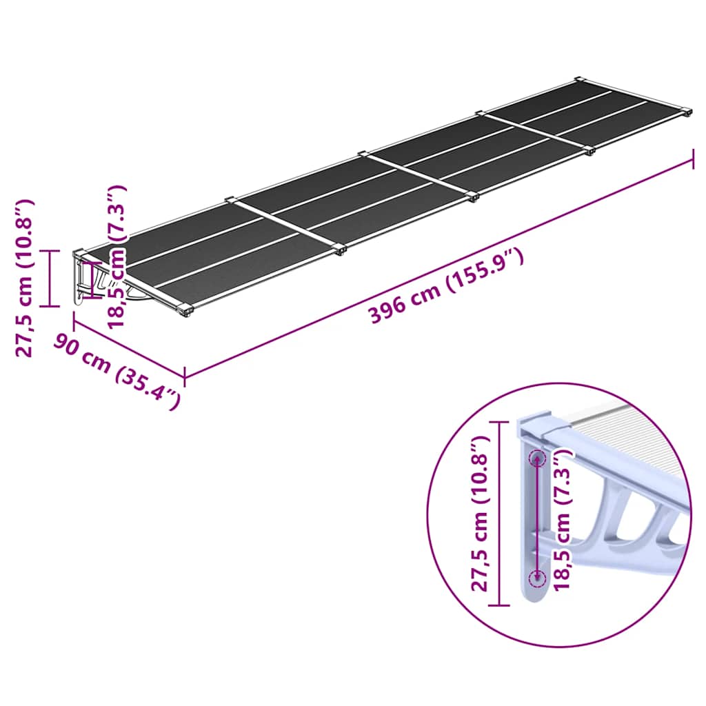 Tettoia per Porta Grigio e Trasparente 396x90 cm Policarbonato