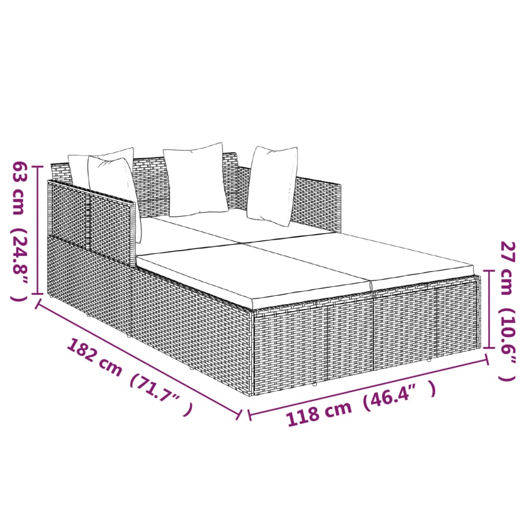 Lettino con Cuscini Nero 182x118x63 cm in Polyrattan | homemem39