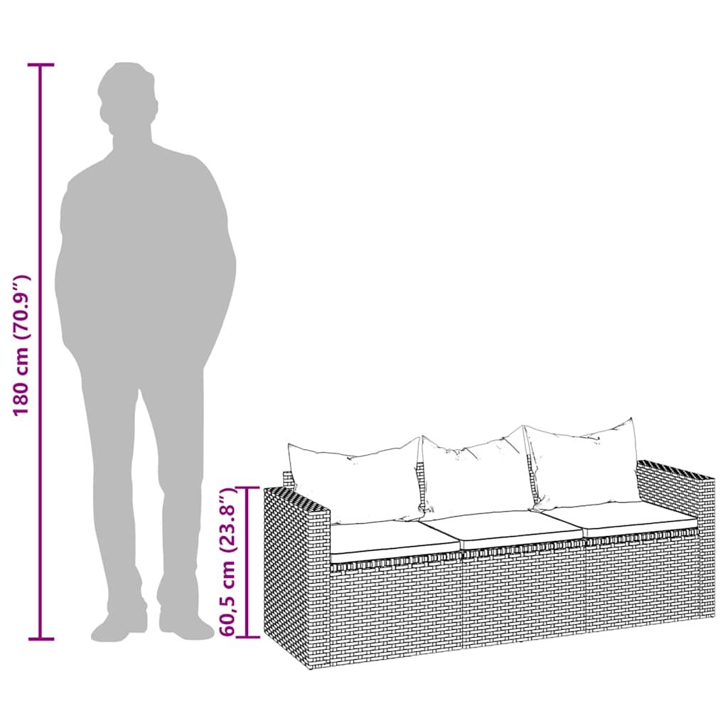 Divano da Giardino a 3 Posti con Cuscini in Polyrattan Grigio | homemem39