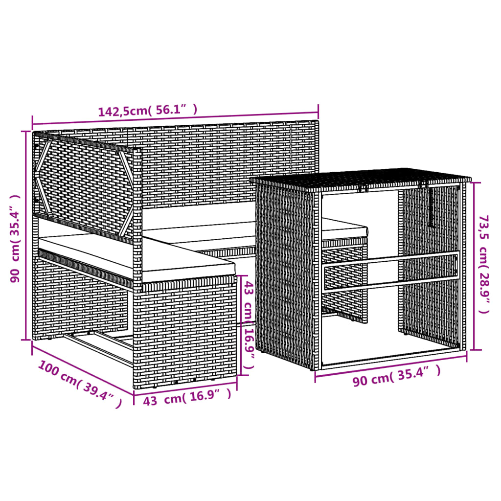 Divano da Giardino con Tavolo e Cuscini a L Grigio Polyrattan | homemem39