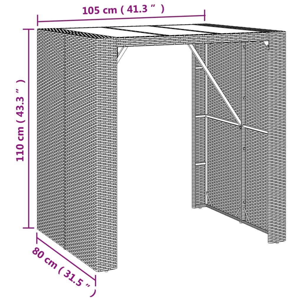 Tavolo Bar con Piano in Vetro Marrone 105x80x110 cm Polyrattan - homemem39