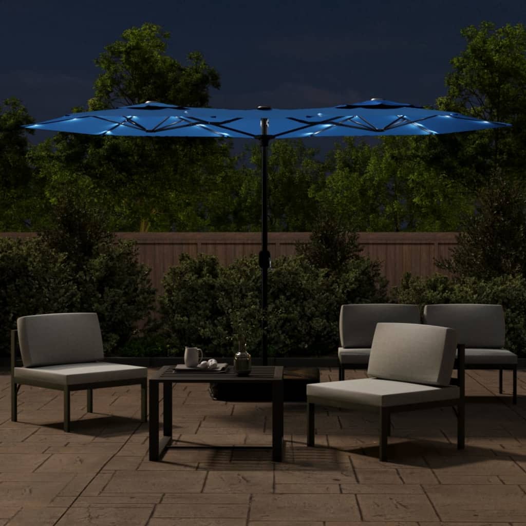 Ombrellone a Doppia Testa con LED Azzurro 316x145 cm - homemem39