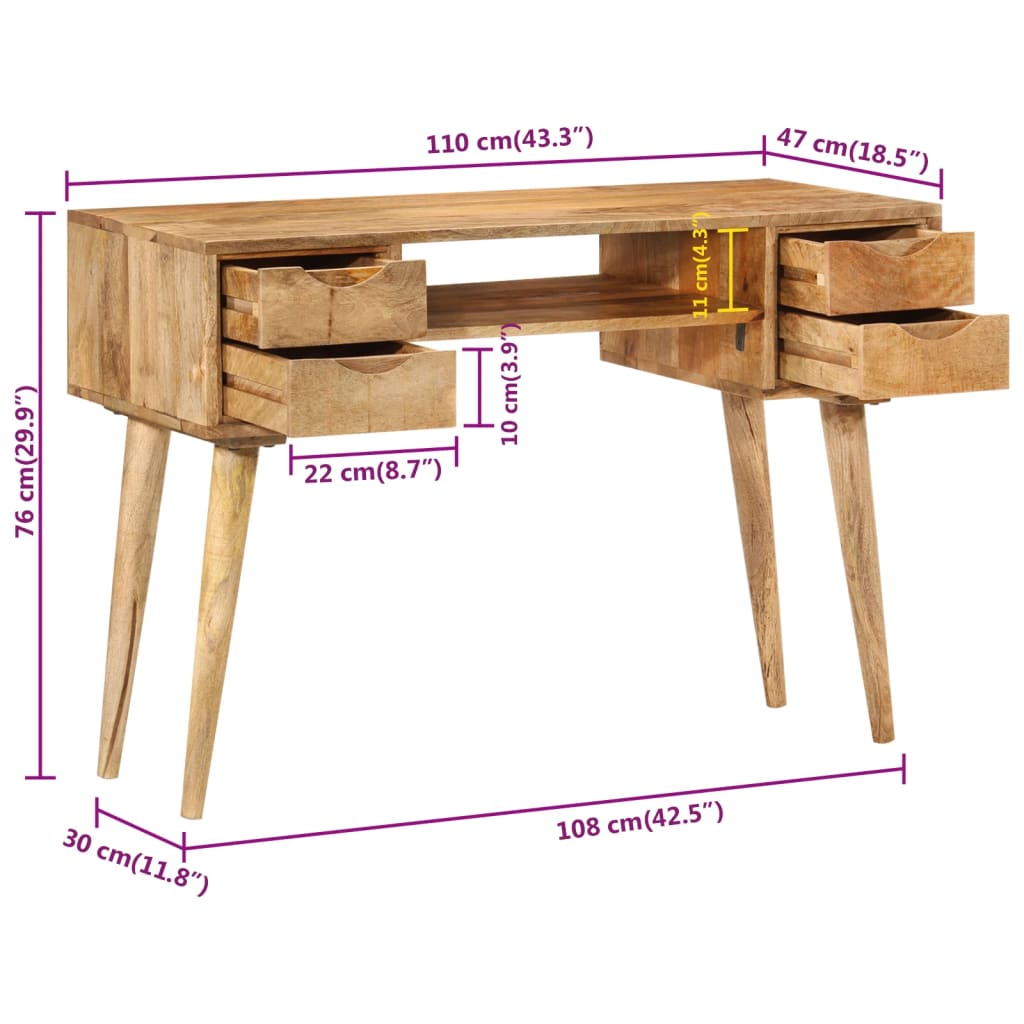 Scrivania con Cassetti 110x47x76 cm in Legno Massello di Mango - homemem39