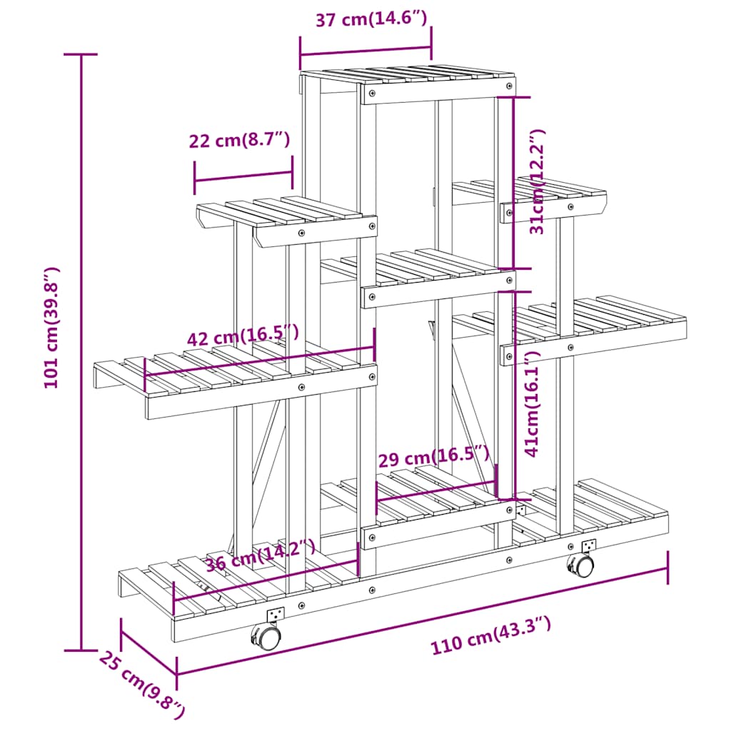 Portafiori con Ruote 110x25x101 cm in Legno Massello di Abete | homemem39
