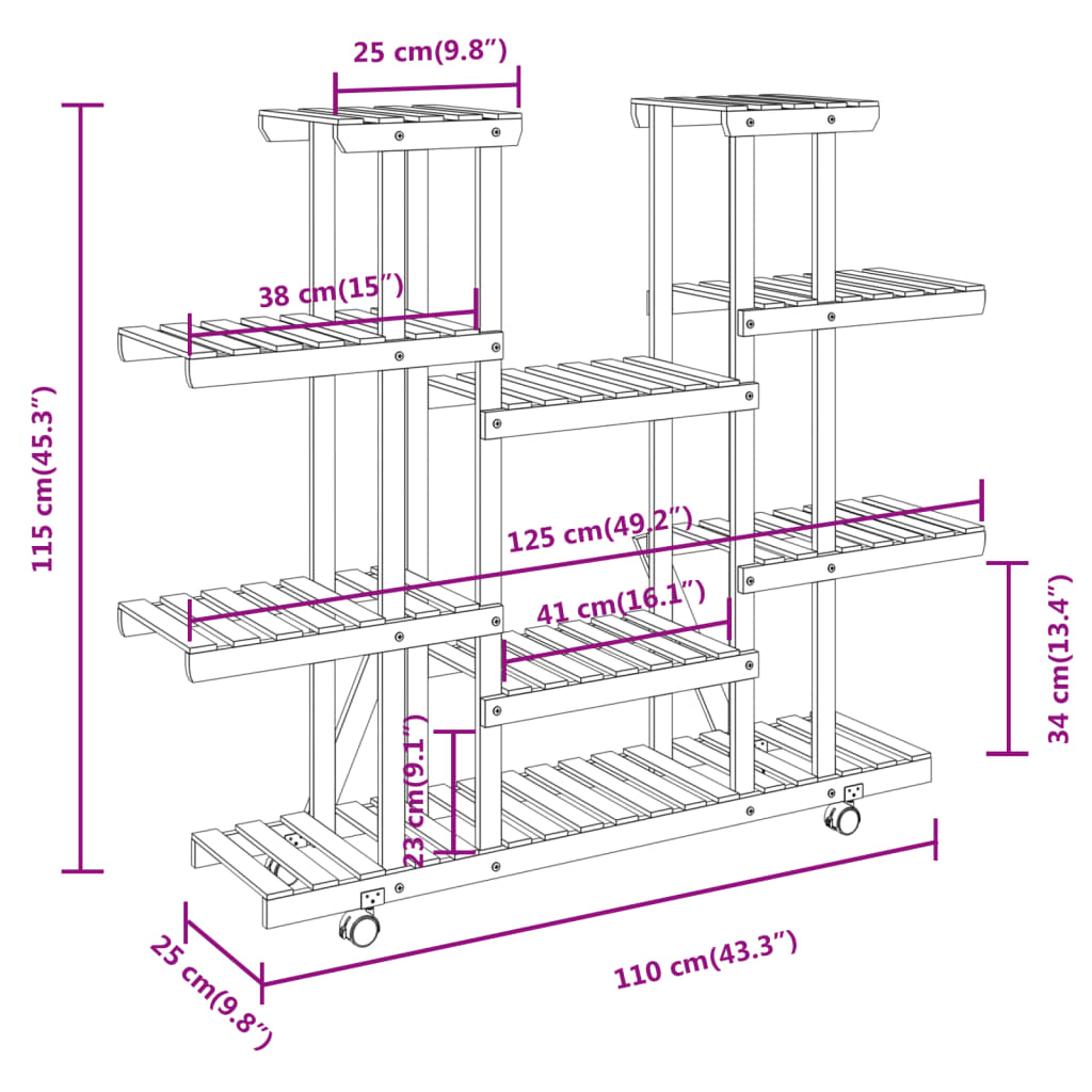 Portafiori con Ruote 110x25x115 cm in Legno Massello di Abete | homemem39