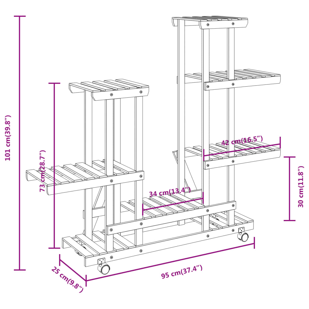 Portafiori con Ruote 95x25x101 cm in Legno Massello di Abete | homemem39