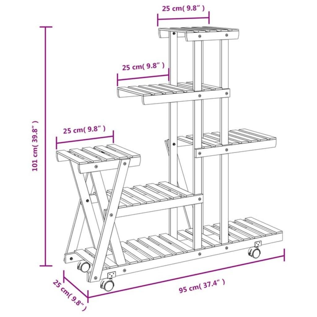 Portafiori con Ruote 95x25x101 cm in Legno Massello di Abete | homemem39