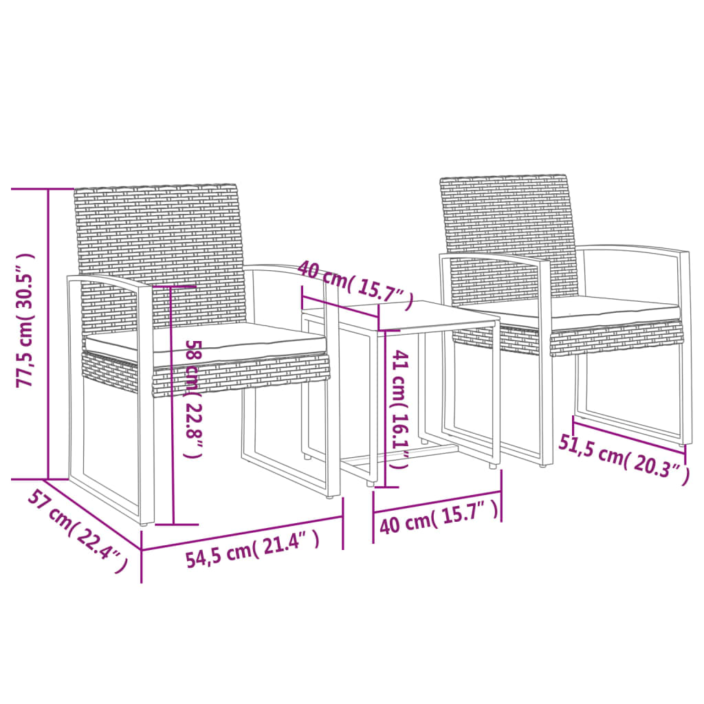 Set da Pranzo da Giardino 3 pz con Cuscini in PP Rattan Marrone | homemem39